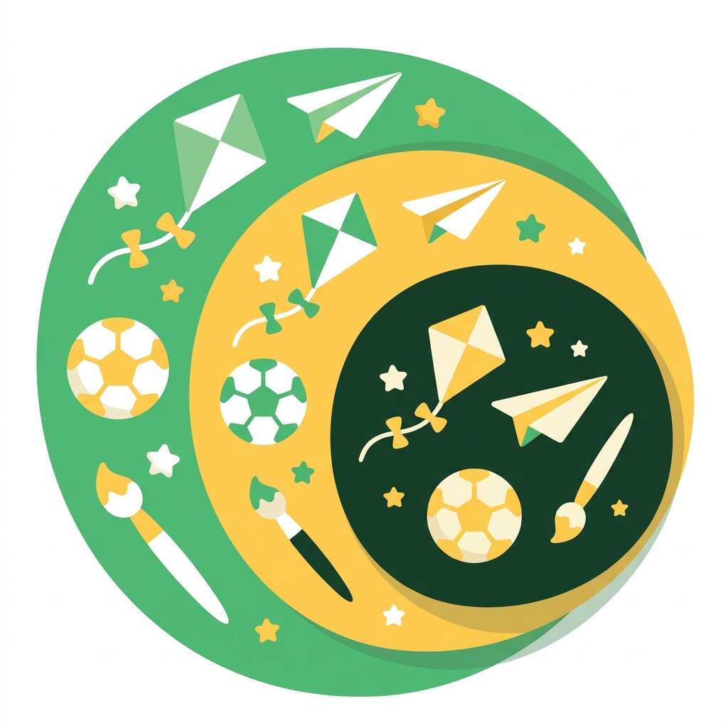 Illustration of three overlapping circles holding playful shapes: a kite, a paper plane, a football and a paintbrush